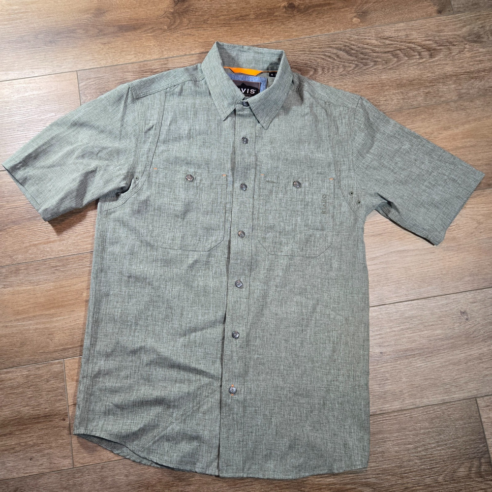 Orvis Tech Chambray Shirt Mens S Olive Green 2KZ9 Active Fit Short Sleeve Work